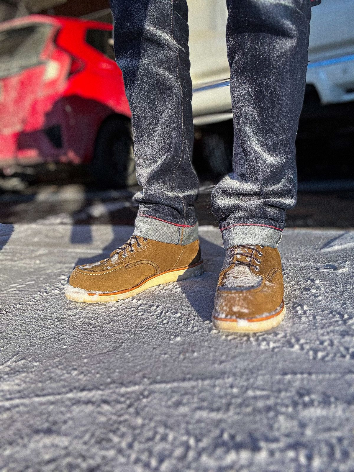 Photo by fancyfootwork15 on December 31, 2025 of the Red Wing 6-Inch Classic Moc in S.B. Foot Olive Mohave Roughout.