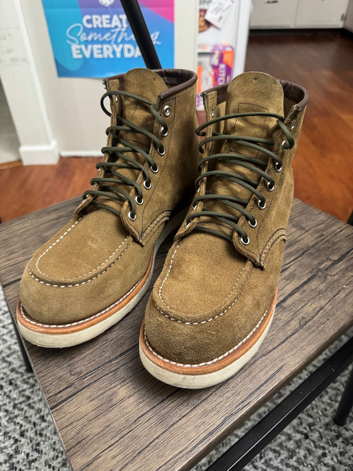 Photo by fancyfootwork15 on January 6, 2026 of the Red Wing 6-Inch Classic Moc in S.B. Foot Olive Mohave Roughout.