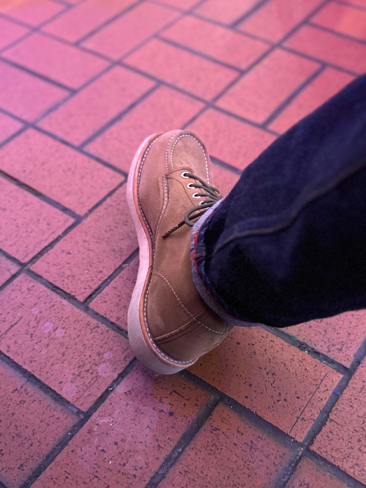 Photo by fancyfootwork15 on March 5, 2026 of the Red Wing 6-Inch Classic Moc in S.B. Foot Olive Mohave Roughout.