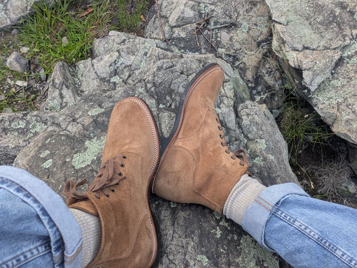 Photo by jonok228 on June 27, 2026 of the Quan Shoemaker Escape Boots in Brown Reverse Cowhide.