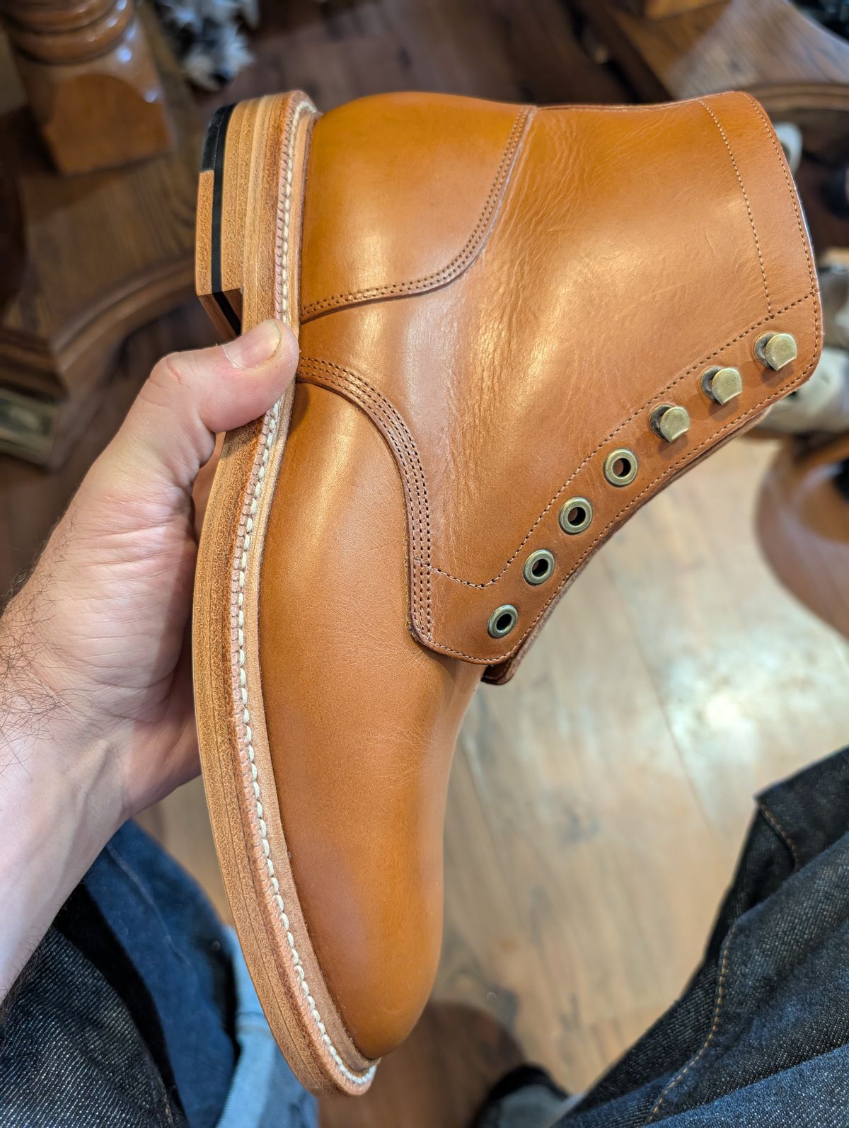 Photo by ZelieDad on July 13, 2025 of the Grant Stone Diesel Boot in Badalassi Carlo Saddle Tan Minerva.