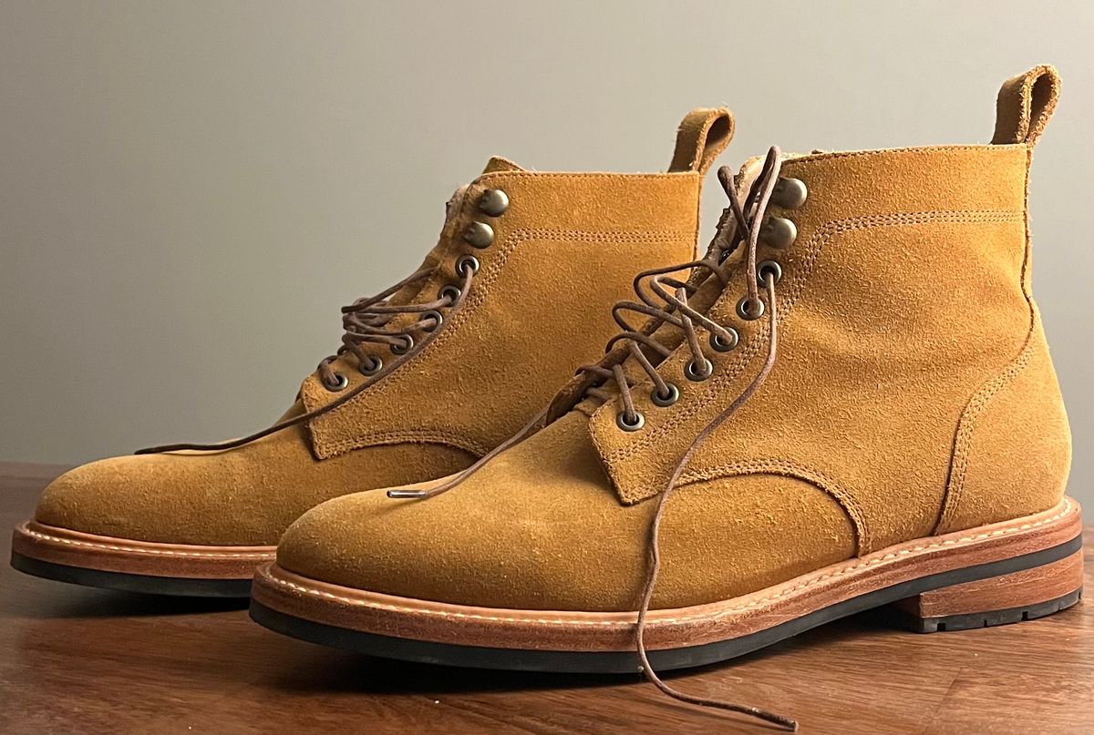 Photo by Arby on November 13, 2025 of the Taylor Stitch Trench Boot in Golden Waterproof Suede.