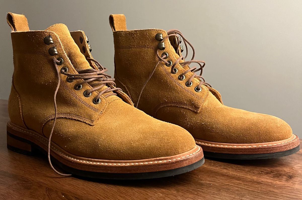 Photo by Arby on November 13, 2025 of the Taylor Stitch Trench Boot in Golden Waterproof Suede.