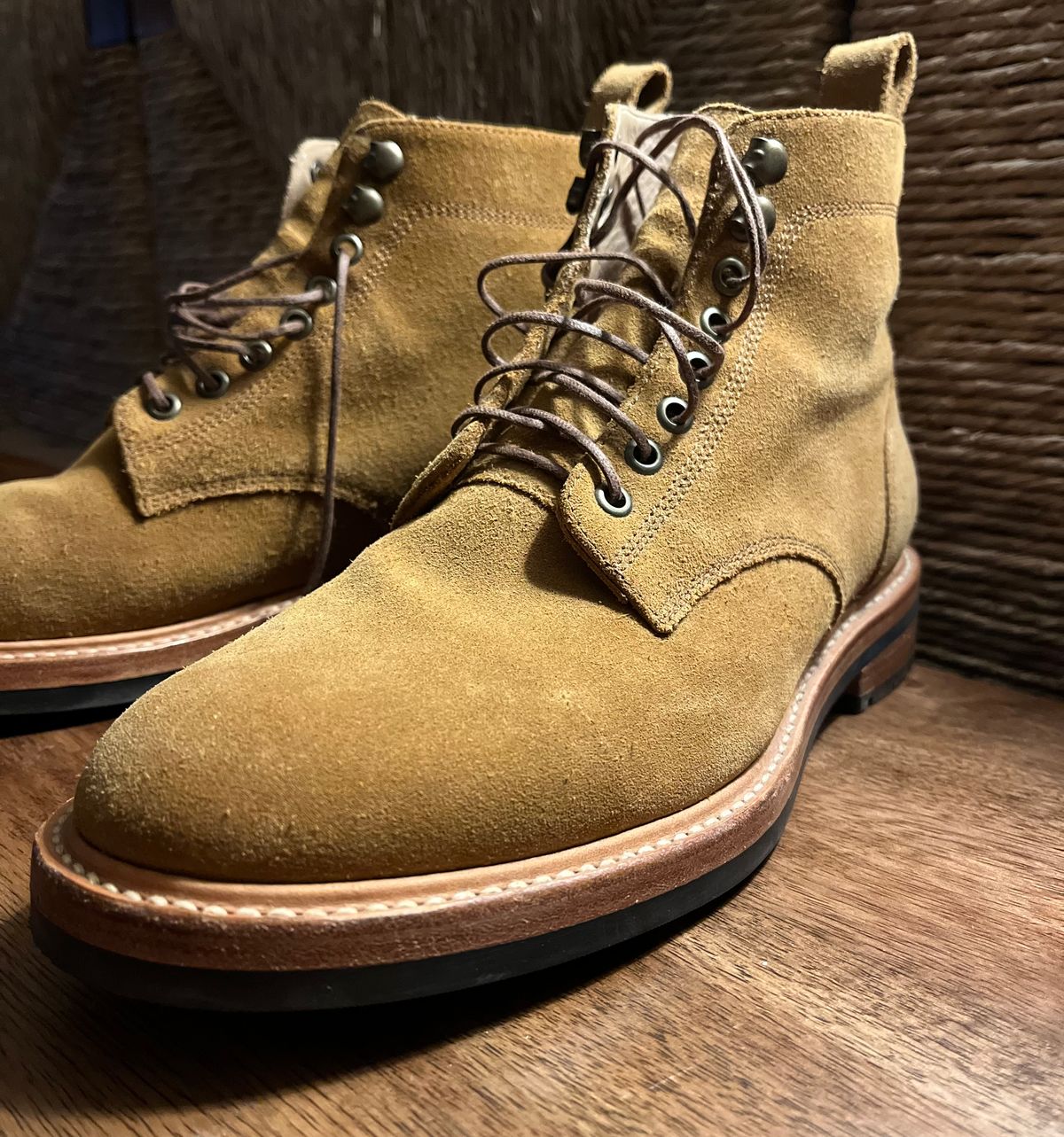 Photo by Arby on November 13, 2025 of the Taylor Stitch Trench Boot in Golden Waterproof Suede.
