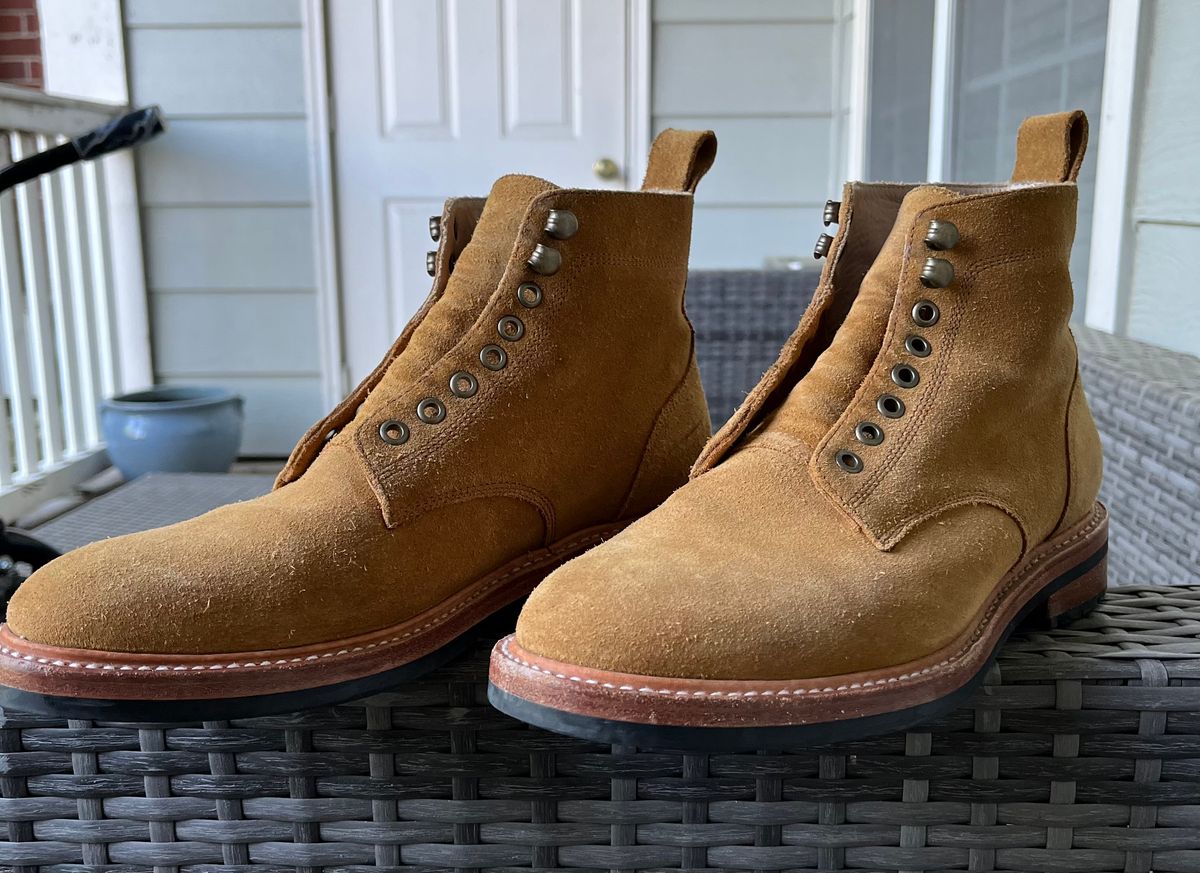 Photo by Arby on May 13, 2026 of the Taylor Stitch Trench Boot in Golden Waterproof Suede.