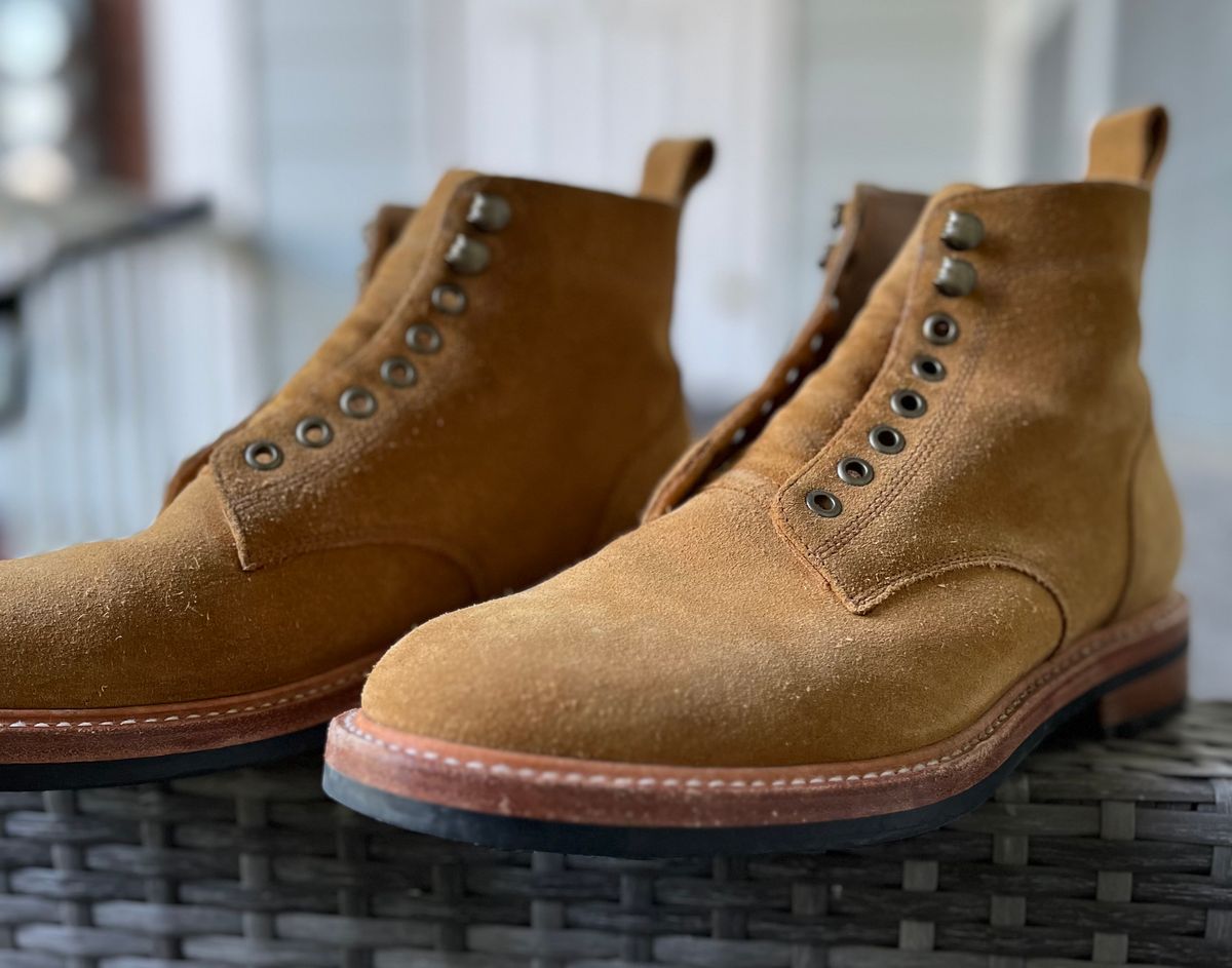 Photo by Arby on May 13, 2026 of the Taylor Stitch Trench Boot in Golden Waterproof Suede.