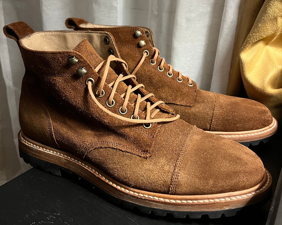 Photo by Arby on November 28, 2025 of the Taylor Stitch Moto Boot in Snuff Waterproof Suede.