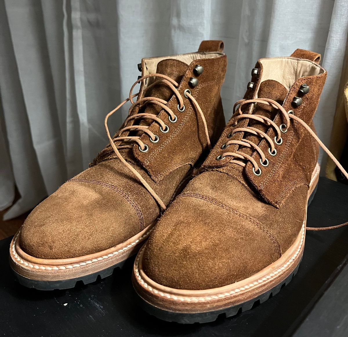 Photo by Arby on November 28, 2025 of the Taylor Stitch Moto Boot in Snuff Waterproof Suede.