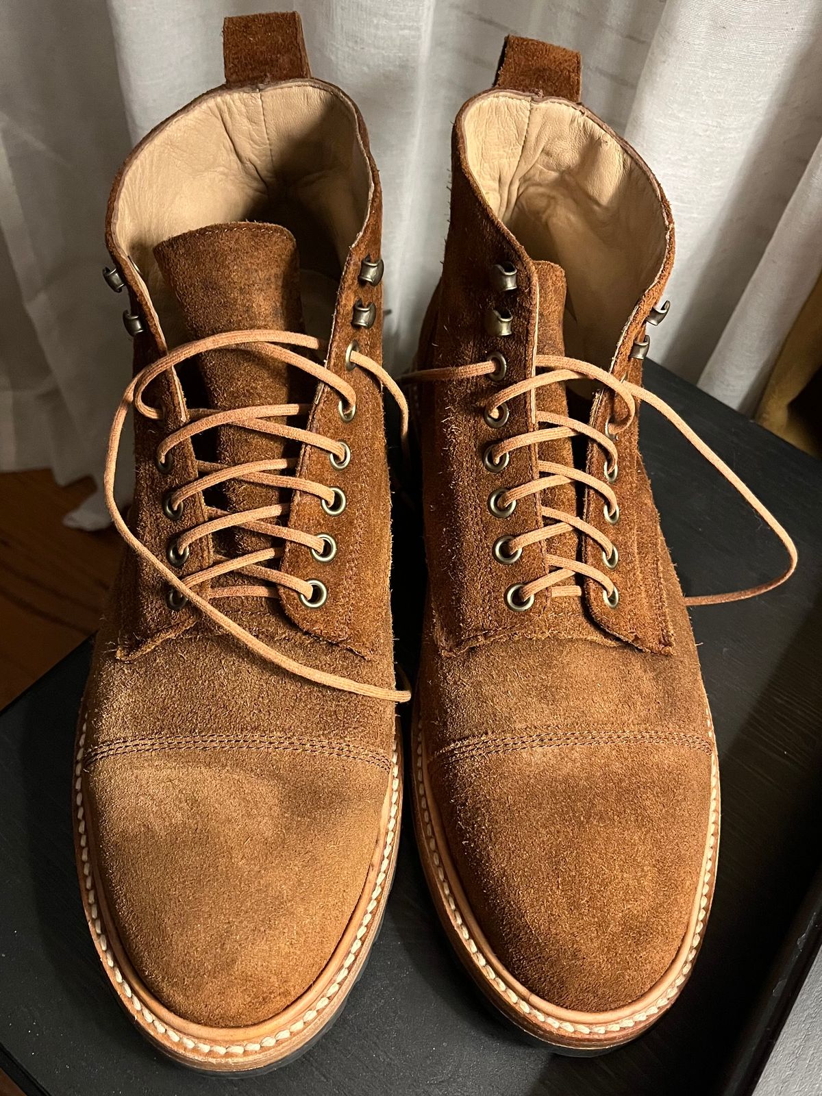 Photo by Arby on November 28, 2025 of the Taylor Stitch Moto Boot in Snuff Waterproof Suede.