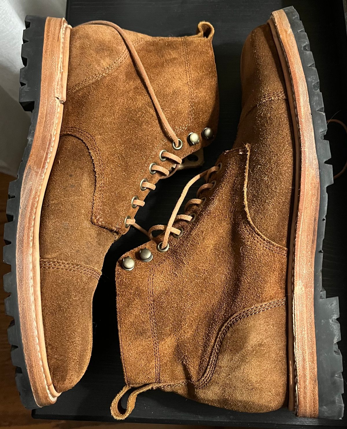 Photo by Arby on November 28, 2025 of the Taylor Stitch Moto Boot in Snuff Waterproof Suede.