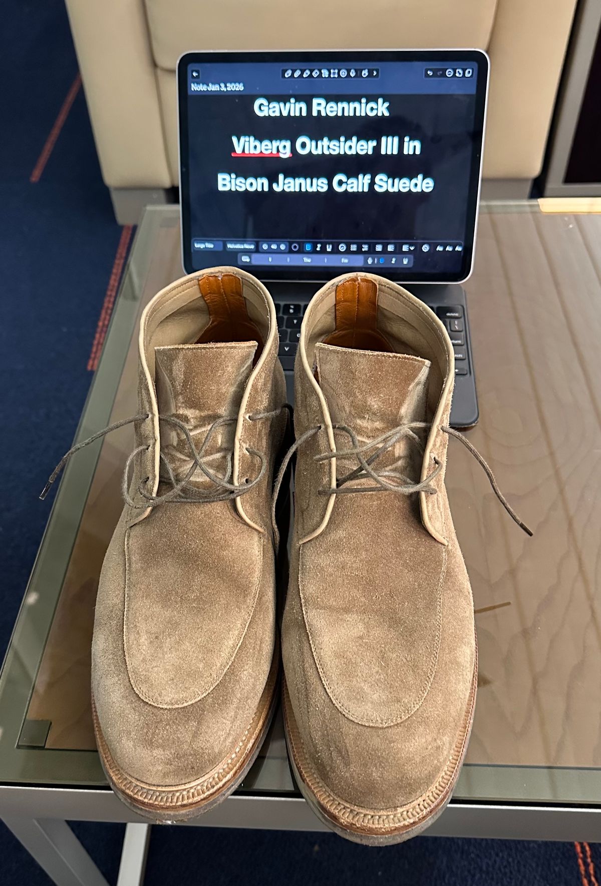 Photo by CrocG on January 4, 2026 of the Viberg The Outsider III in Bison Janus Calf Suede.