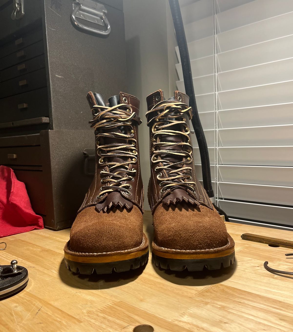 Photo by FISH on November 1, 2024 of the Drew's Boots 8-Inch Logger in Brown Roughout & Brown Smooth.