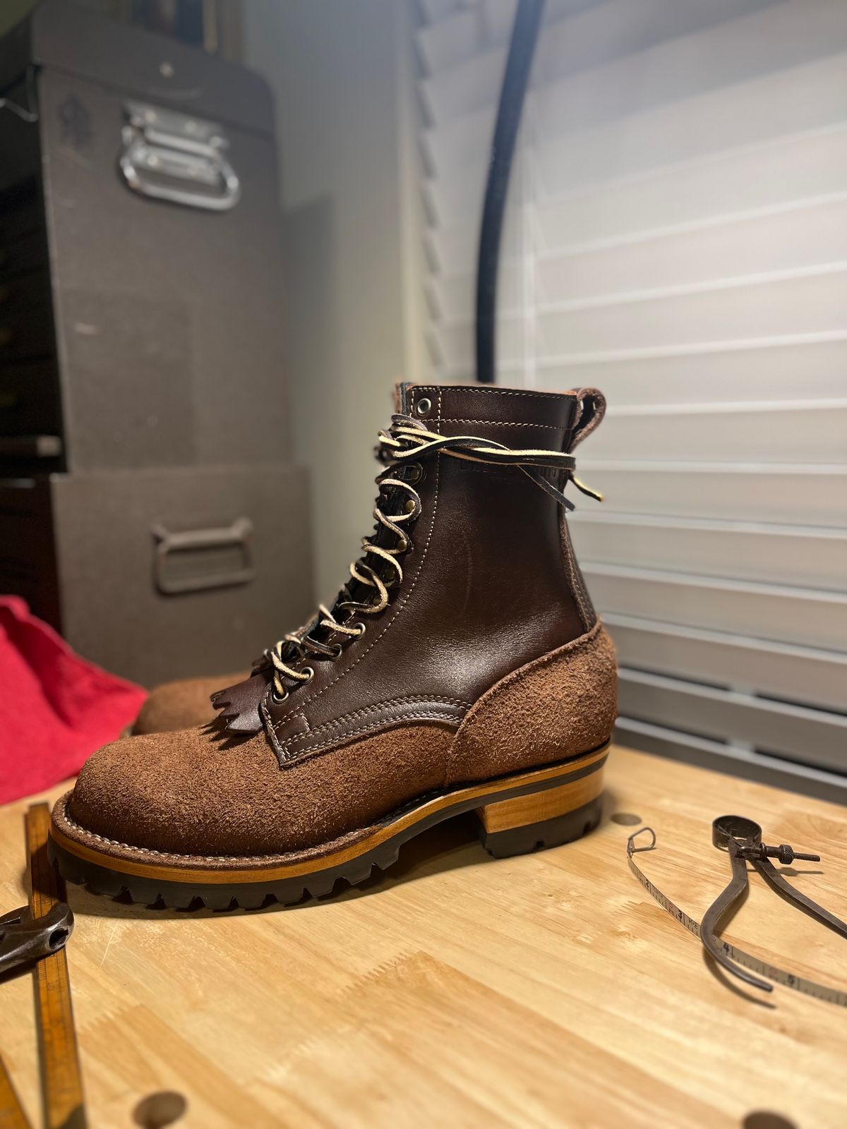 Photo by FISH on November 1, 2024 of the Drew's Boots 8-Inch Logger in Brown Roughout & Brown Smooth.