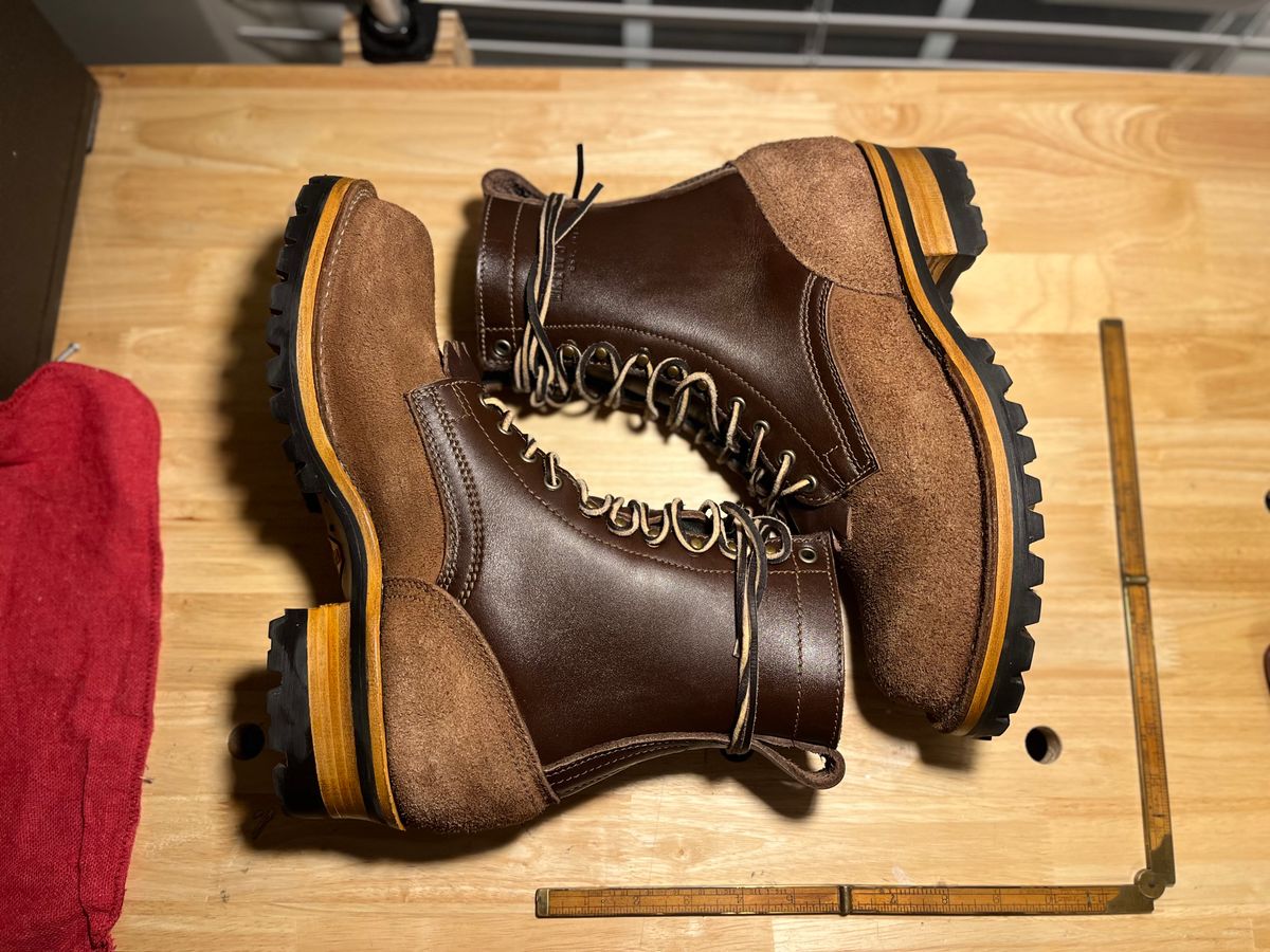 Photo by FISH on November 1, 2024 of the Drew's Boots 8-Inch Logger in Brown Roughout & Brown Smooth.