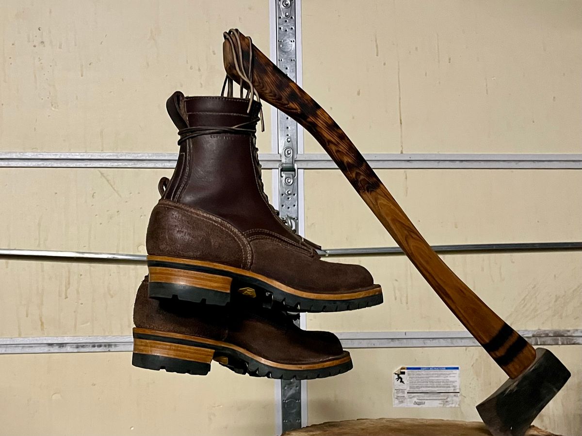 Photo by FISH on December 6, 2024 of the Drew's Boots 8-Inch Logger in Brown Roughout & Brown Smooth.
