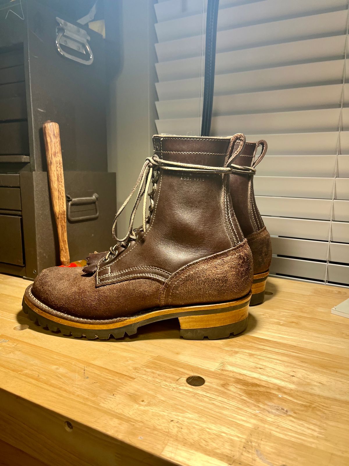 Photo by FISH on December 6, 2024 of the Drew's Boots 8-Inch Logger in Brown Roughout & Brown Smooth.
