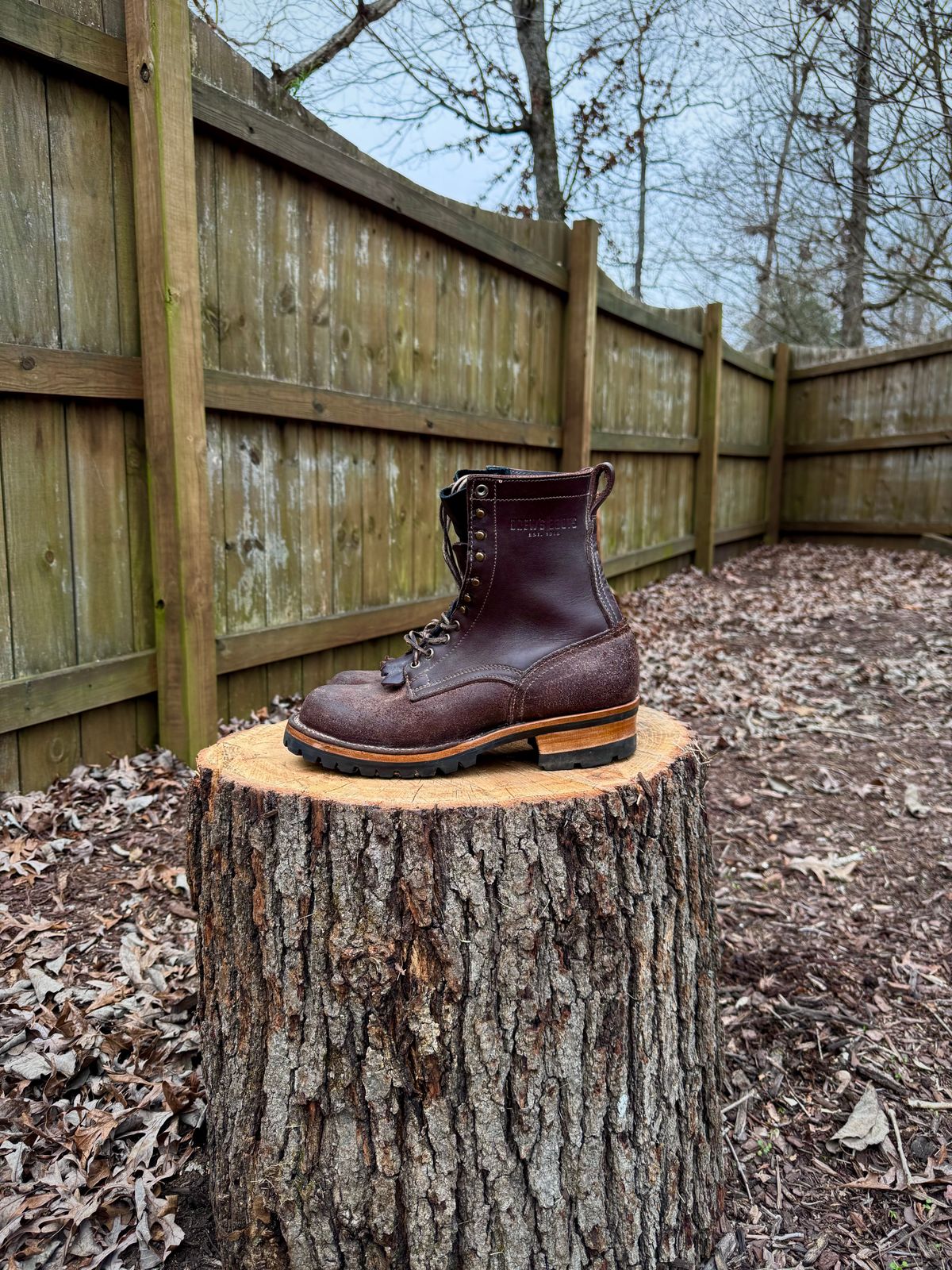 Photo by FISH on January 6, 2025 of the Drew's Boots 8-Inch Logger in Brown Roughout & Brown Smooth.