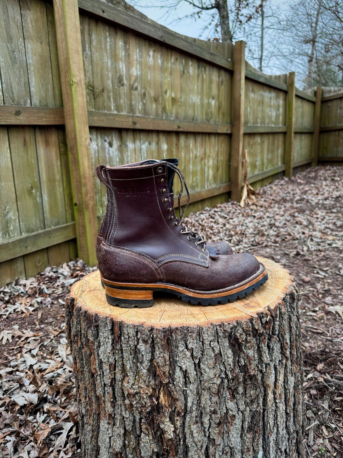 Photo by FISH on January 6, 2025 of the Drew's Boots 8-Inch Logger in Brown Roughout & Brown Smooth.