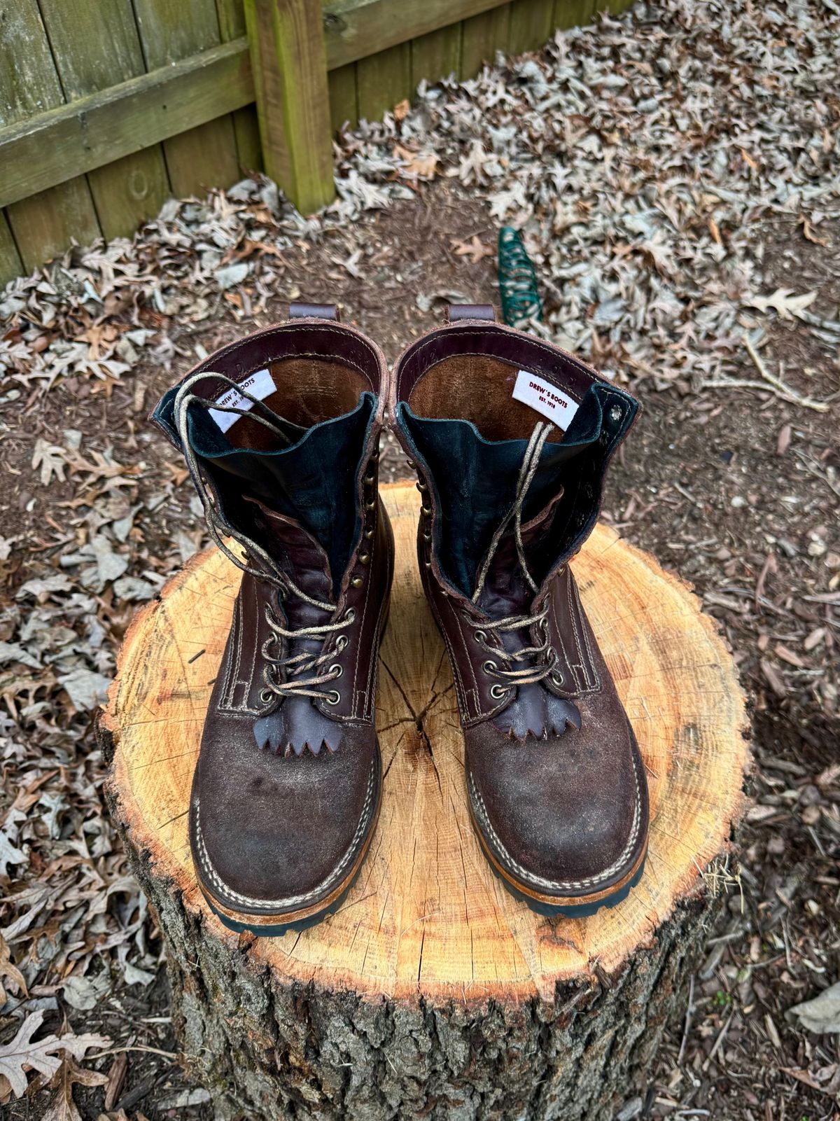 Photo by FISH on January 6, 2025 of the Drew's Boots 8-Inch Logger in Brown Roughout & Brown Smooth.