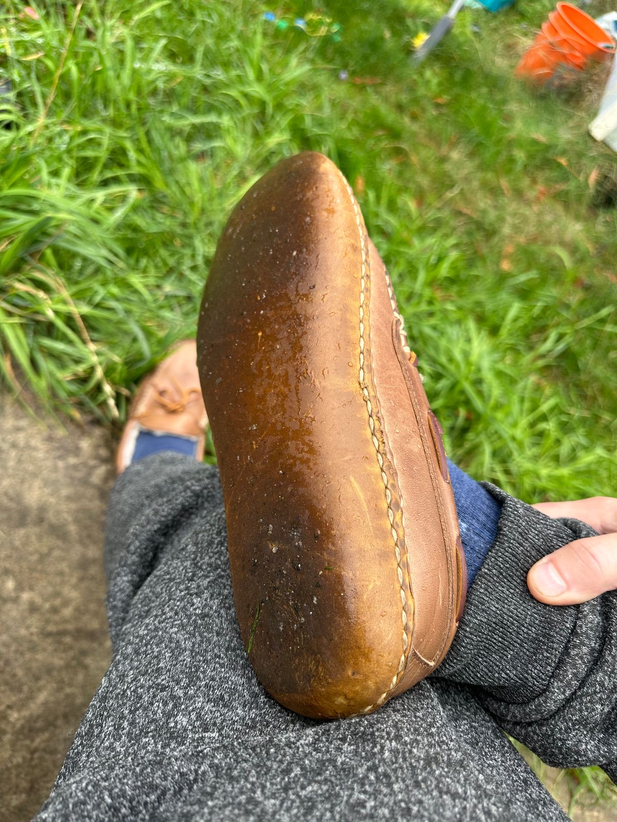 Photo by SCUFFALO.BILL on October 11, 2025 of the Oak Street Bootmakers Shearling Woodland Moc in Horween Natural Chromexcel.