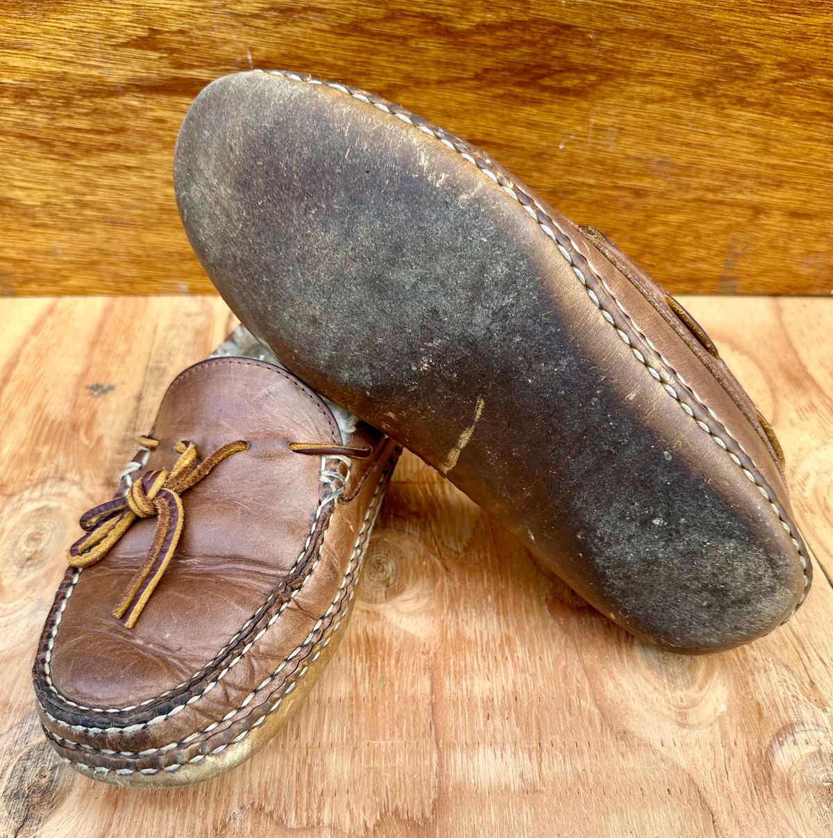 Photo by SCUFFALO.BILL on March 2, 2026 of the Oak Street Bootmakers Shearling Woodland Moc in Horween Natural Chromexcel.