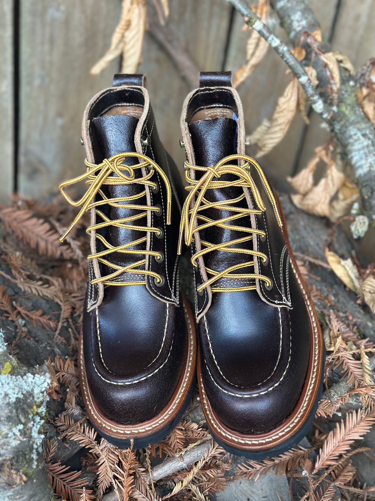 Photo by SCUFFALO.BILL on October 2, 2025 of the Truman Moc Toe in Horween Java Waxed Flesh.