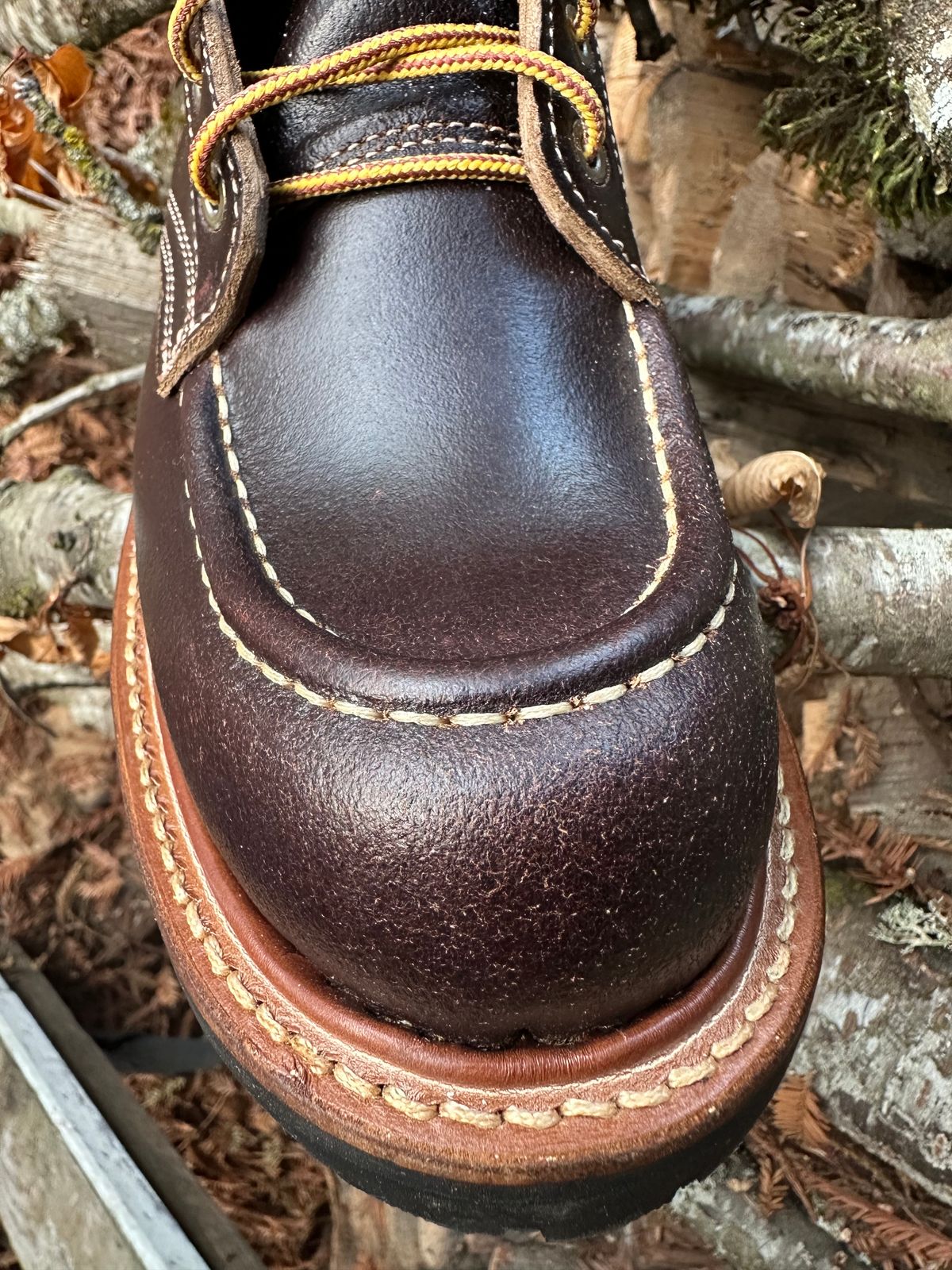 Photo by SCUFFALO.BILL on October 2, 2025 of the Truman Moc Toe in Horween Java Waxed Flesh.