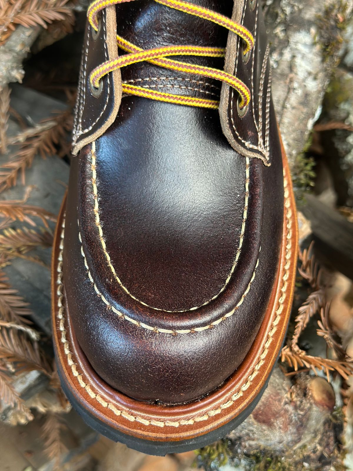 Photo by SCUFFALO.BILL on October 2, 2025 of the Truman Moc Toe in Horween Java Waxed Flesh.