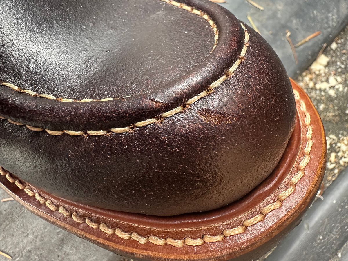 Photo by SCUFFALO.BILL on October 3, 2025 of the Truman Moc Toe in Horween Java Waxed Flesh.