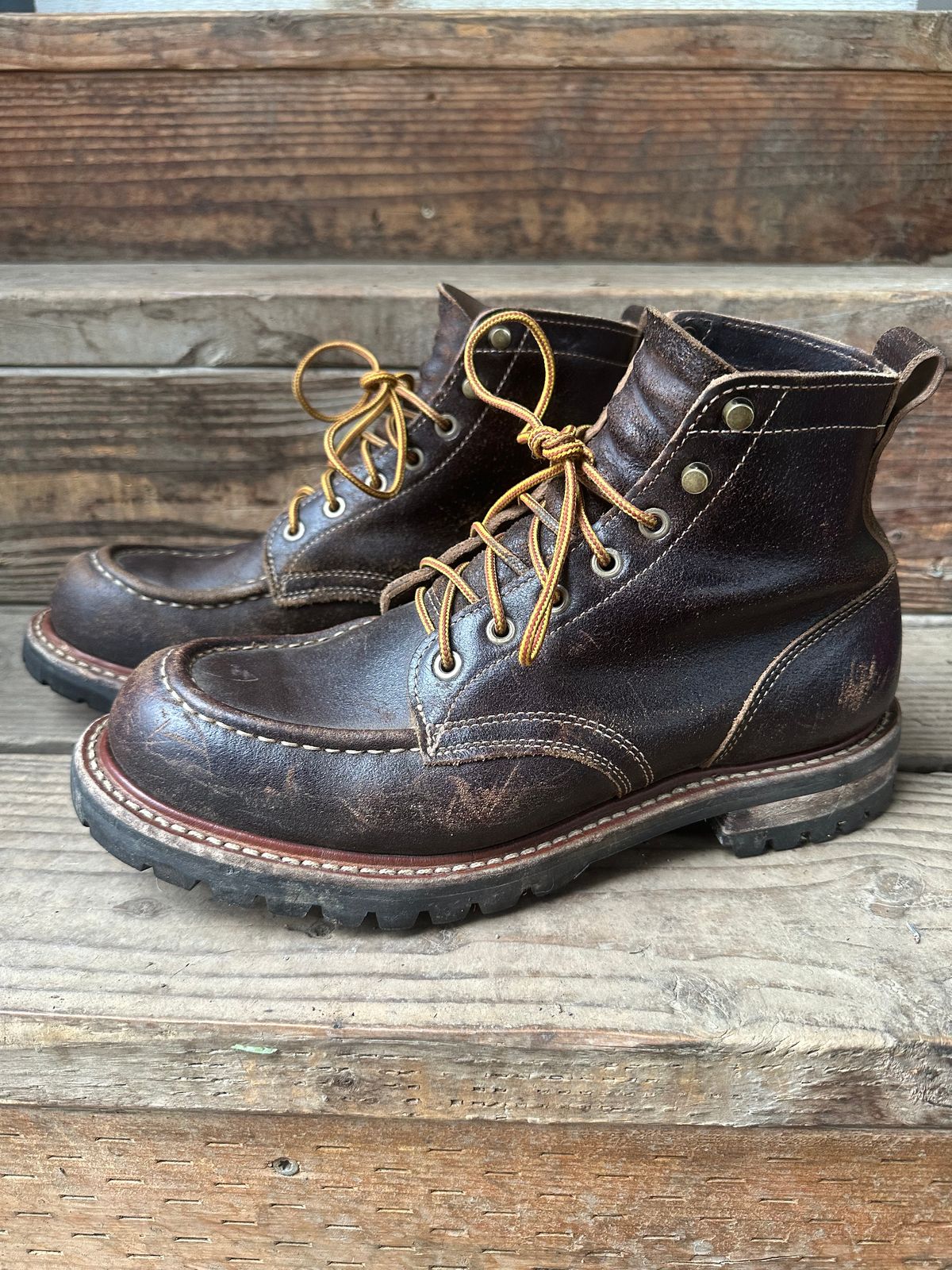 Photo by SCUFFALO.BILL on December 3, 2025 of the Truman Moc Toe in Horween Java Waxed Flesh.