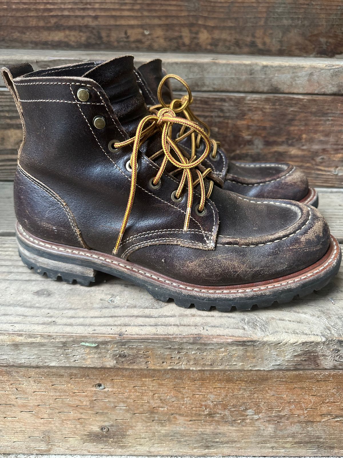 Photo by SCUFFALO.BILL on December 3, 2025 of the Truman Moc Toe in Horween Java Waxed Flesh.