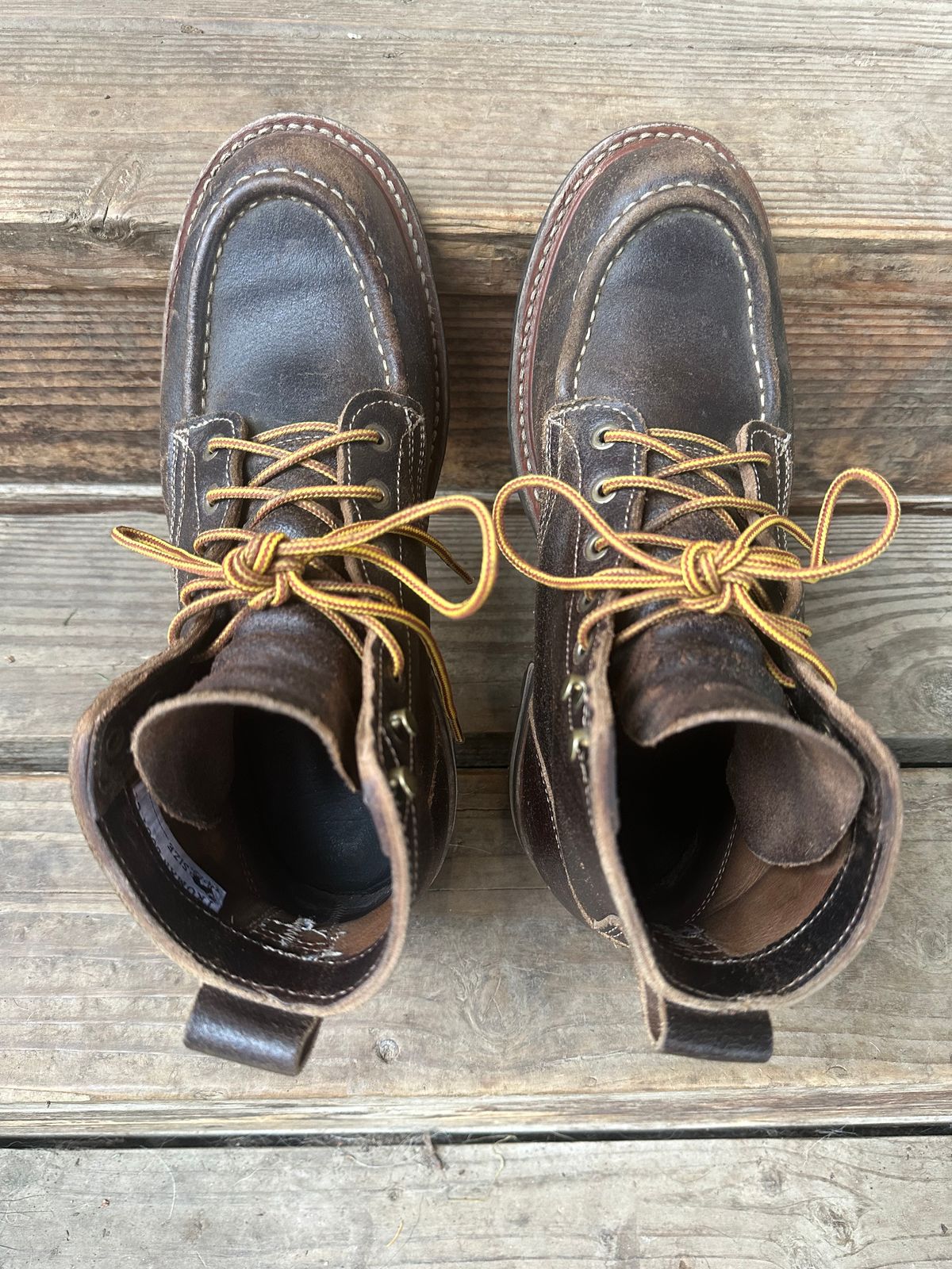 Photo by SCUFFALO.BILL on December 3, 2025 of the Truman Moc Toe in Horween Java Waxed Flesh.