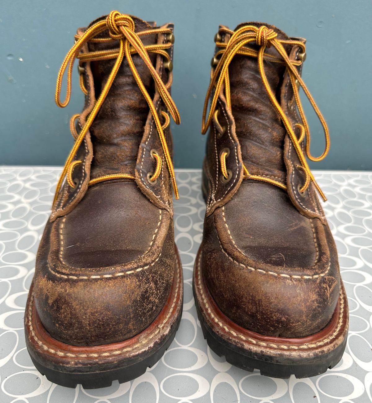 Photo by SCUFFALO.BILL on January 3, 2026 of the Truman Moc Toe in Horween Java Waxed Flesh.