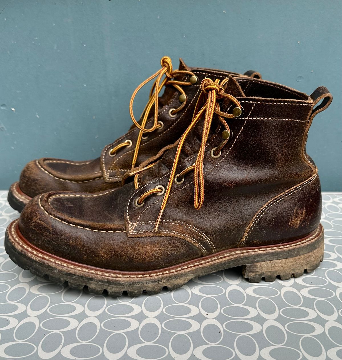 Photo by SCUFFALO.BILL on January 3, 2026 of the Truman Moc Toe in Horween Java Waxed Flesh.