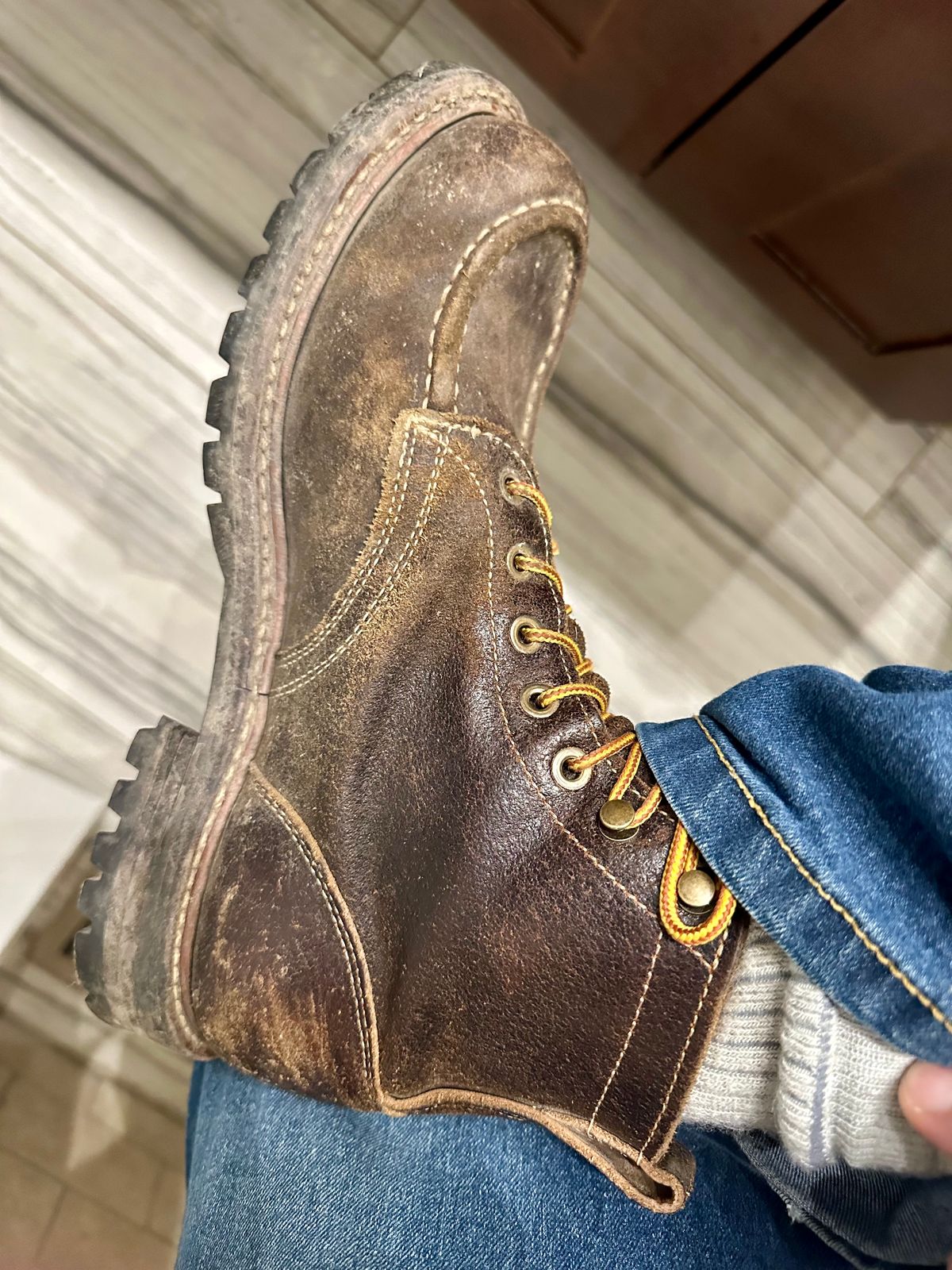 Photo by SCUFFALO.BILL on March 25, 2026 of the Truman Moc Toe in Horween Java Waxed Flesh.