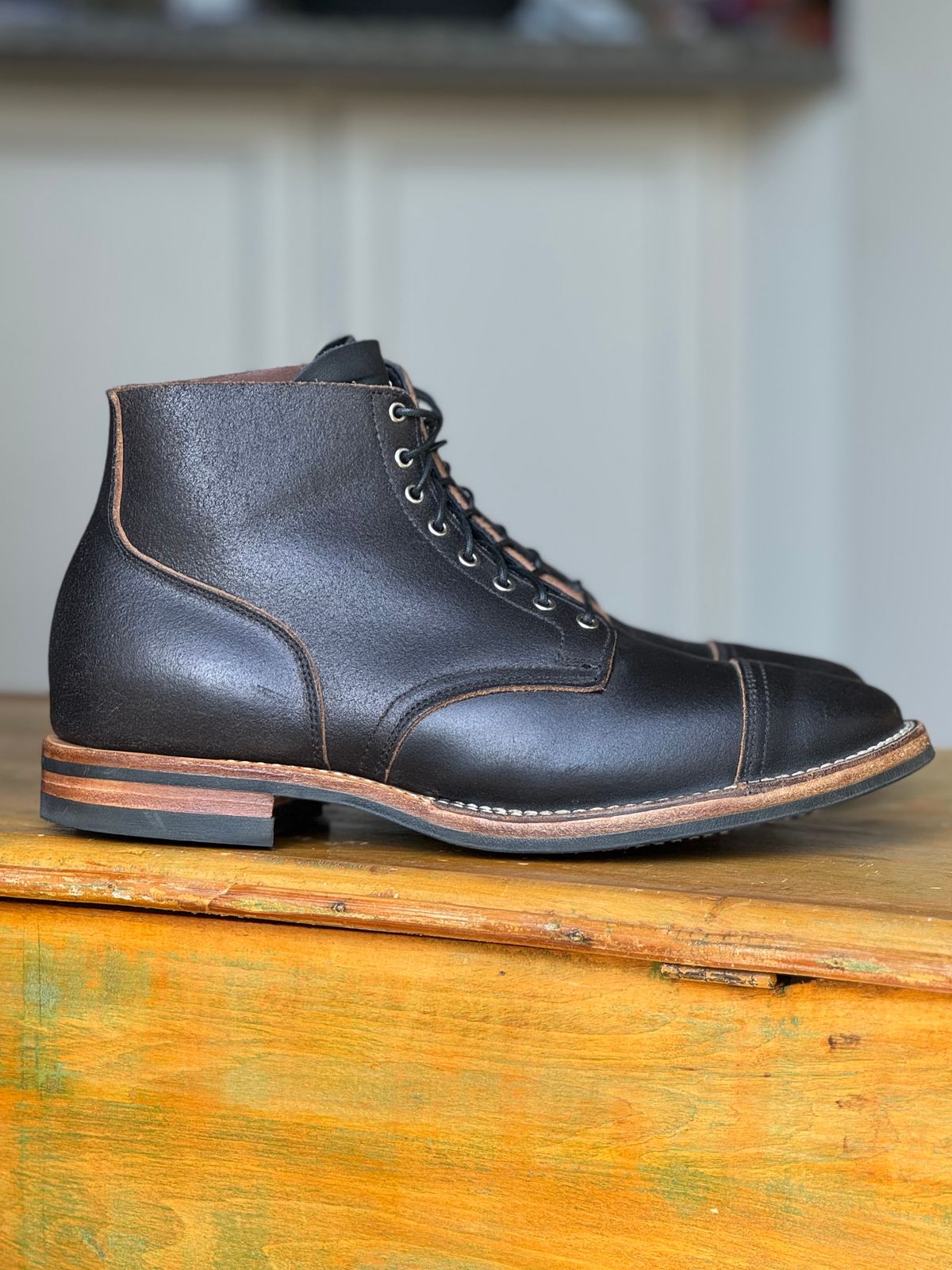 Photo by lederlover on October 3, 2025 of the Viberg Service Boot in Horween Black Waxed Flesh.