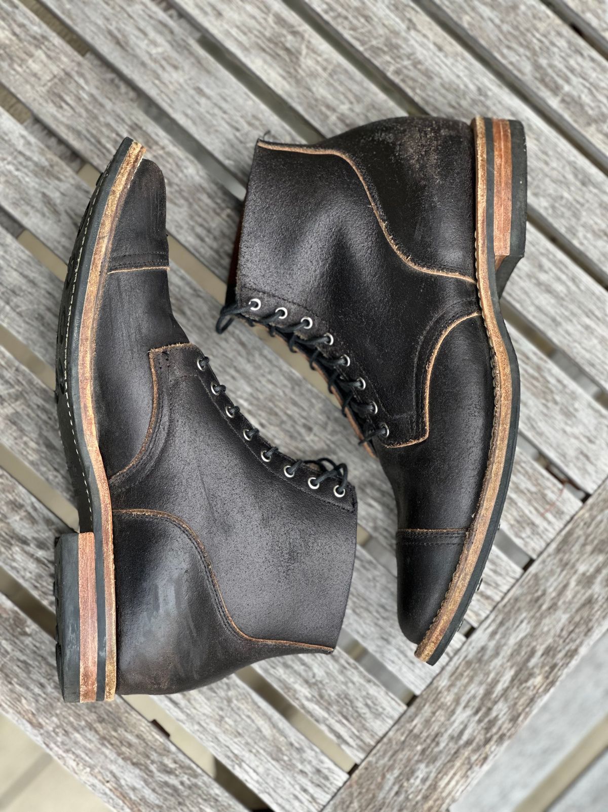 Photo by lederlover on November 3, 2025 of the Viberg Service Boot in Horween Black Waxed Flesh.
