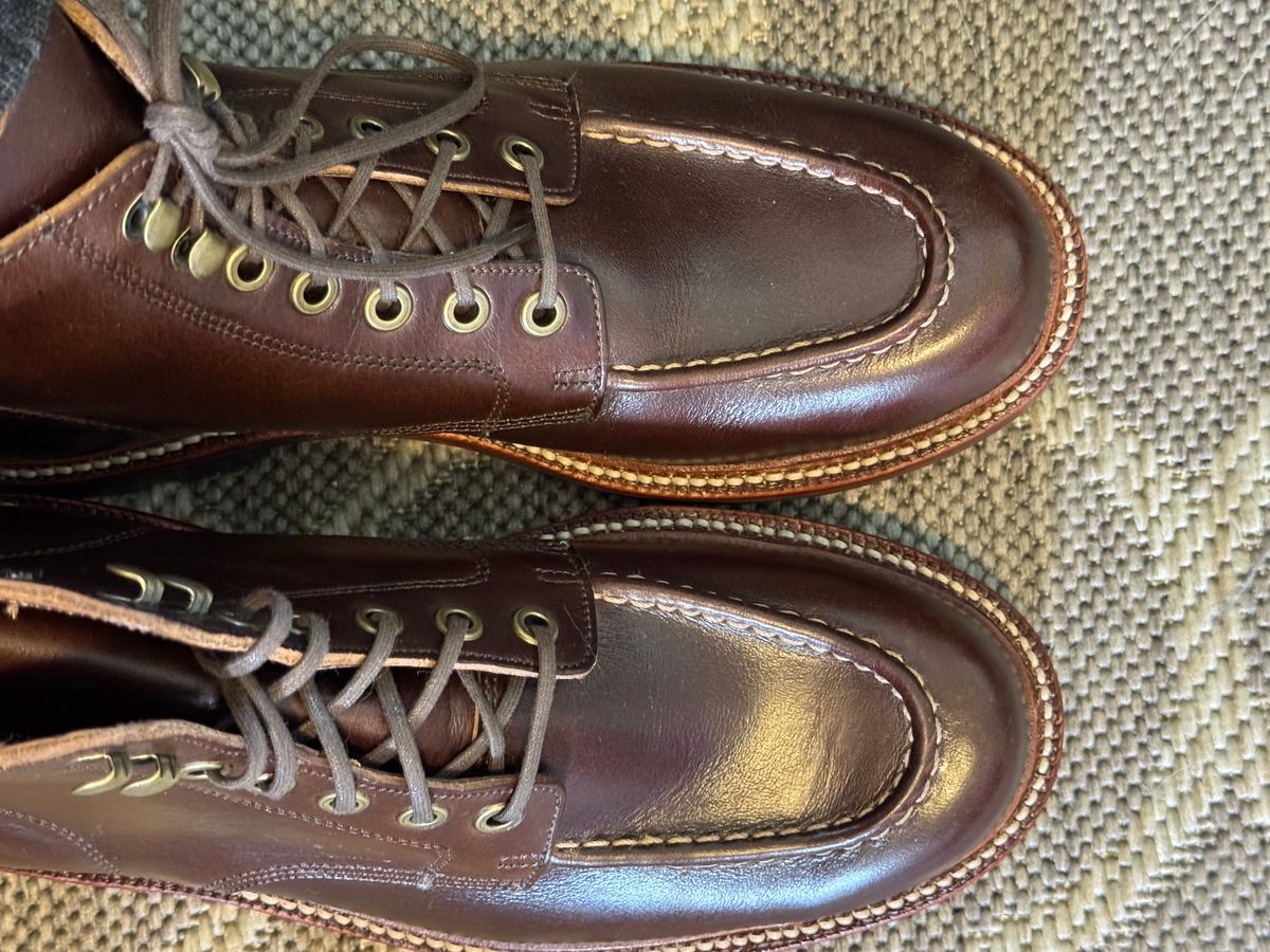 Photo by lemoncurry on June 15, 2026 of the Grant Stone Brass Boot in Horween Crimson Chromexcel.