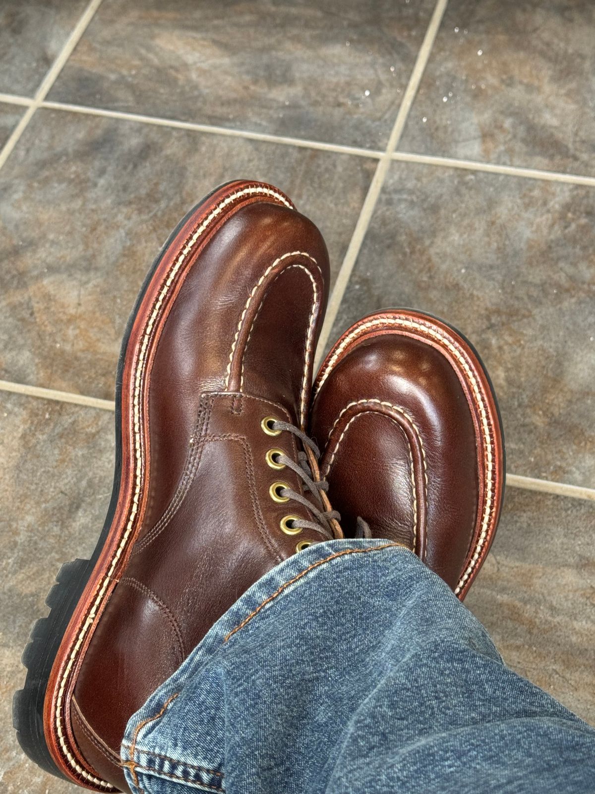 Photo by lemoncurry on June 21, 2026 of the Grant Stone Brass Boot in Horween Crimson Chromexcel.