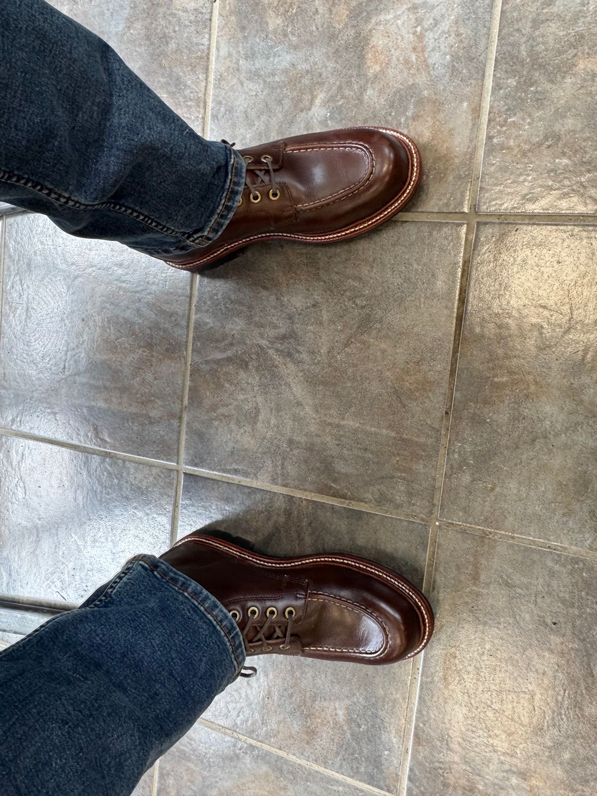 Photo by lemoncurry on June 21, 2026 of the Grant Stone Brass Boot in Horween Crimson Chromexcel.