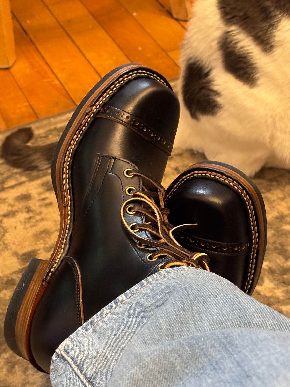 Photo by lemoncurry on February 9, 2026 of the Brake House Bump Cap Toe Service Boots 8301 in Taiwan Tyche Waxed Cowhide.