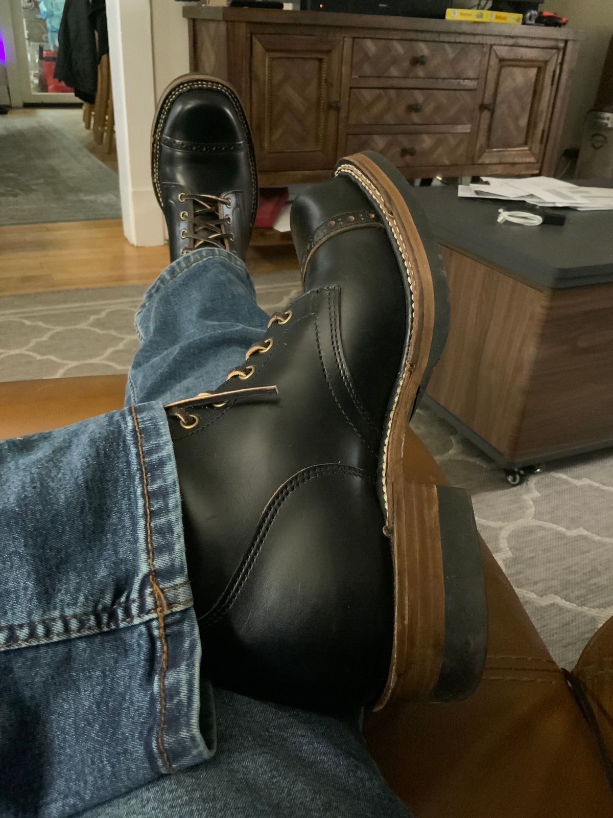 Photo by lemoncurry on March 12, 2026 of the Brake House Bump Cap Toe Service Boots 8301 in Taiwan Tyche Waxed Cowhide.