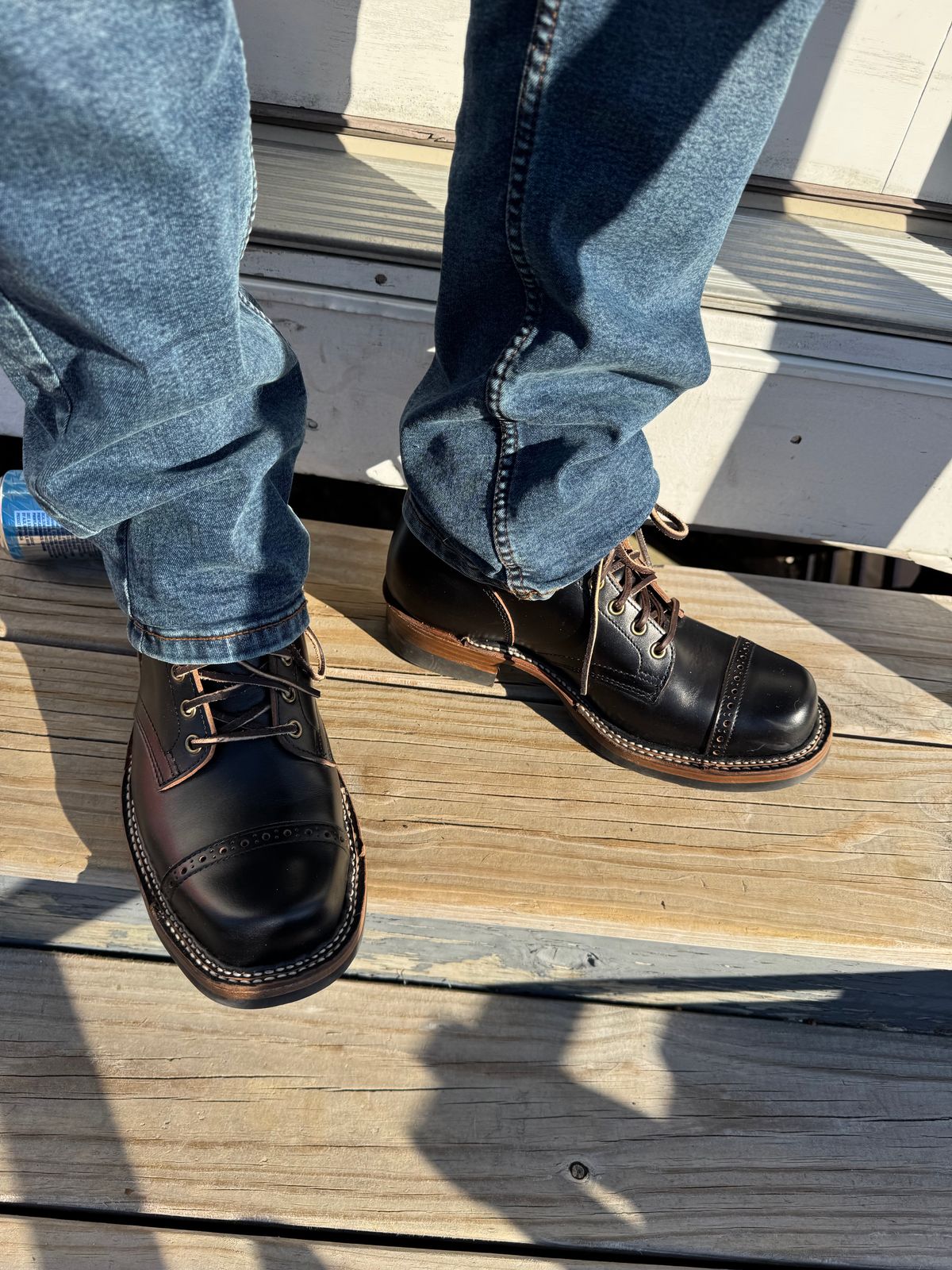 Photo by lemoncurry on April 9, 2026 of the Brake House Bump Cap Toe Service Boots 8301 in Taiwan Tyche Waxed Cowhide.