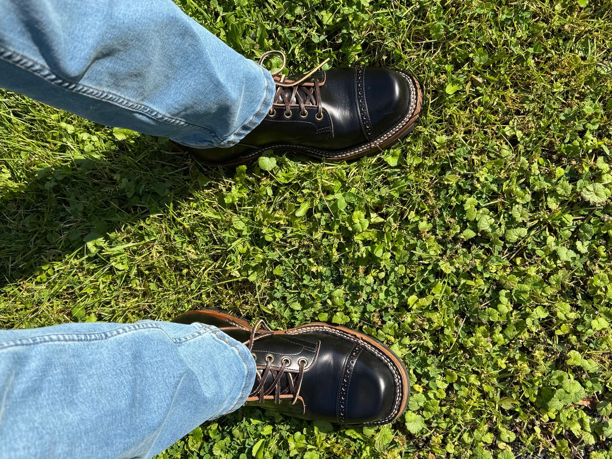 Photo by lemoncurry on July 8, 2026 of the Brake House Bump Cap Toe Service Boots 8301 in Taiwan Tyche Waxed Cowhide.