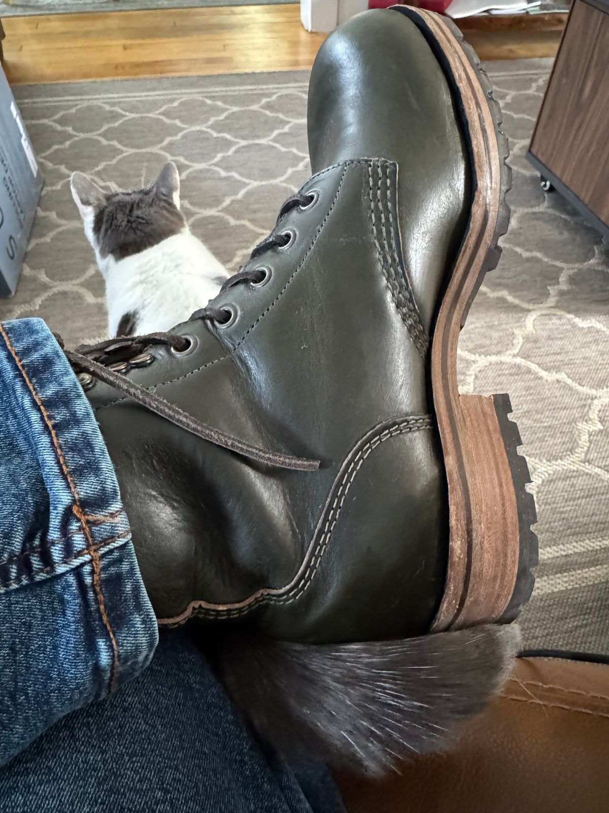 Photo by lemoncurry on March 6, 2026 of the Goral Buxton Brass Wire Construction Boot in Horween Chromexcel Forest Green.