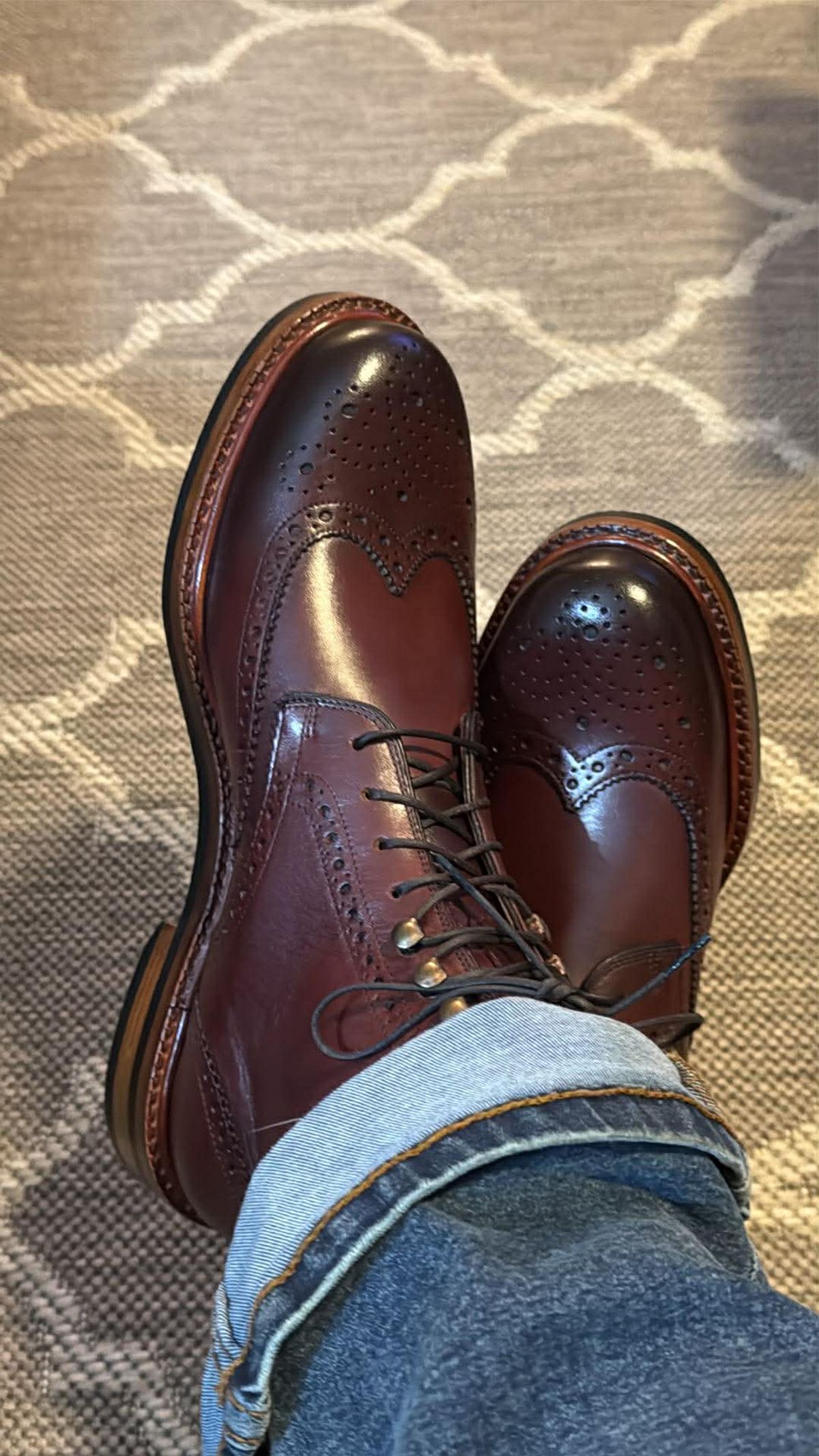 Photo by lemoncurry on February 10, 2026 of the Beckett Simonon Nolan Brogue Boots in Gruppo Mastrotto Bordeaux Full-Grain Calfskin.
