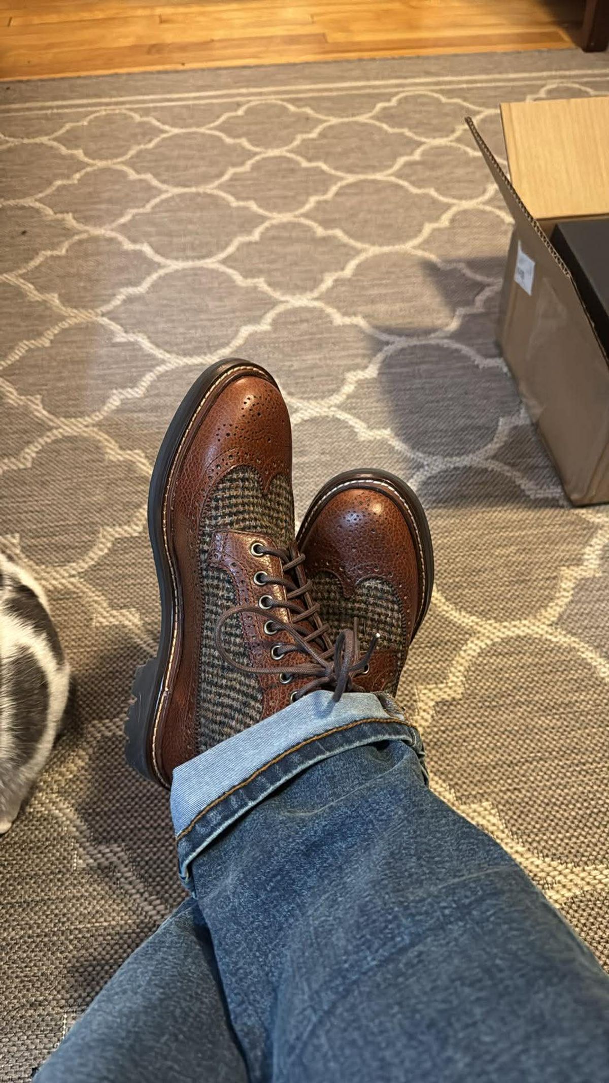 Photo by lemoncurry on February 10, 2026 of the TAFT Boston Boot in Full Grain Leather & Harris Tweed.