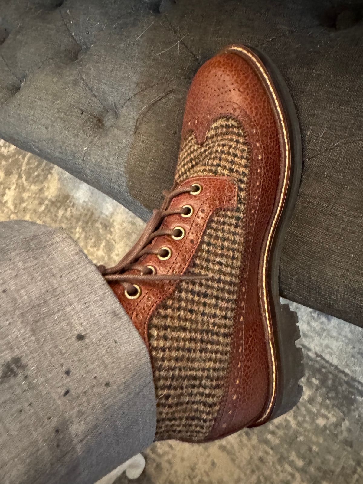 Photo by lemoncurry on April 19, 2026 of the TAFT Boston Boot in Full Grain Leather & Harris Tweed.