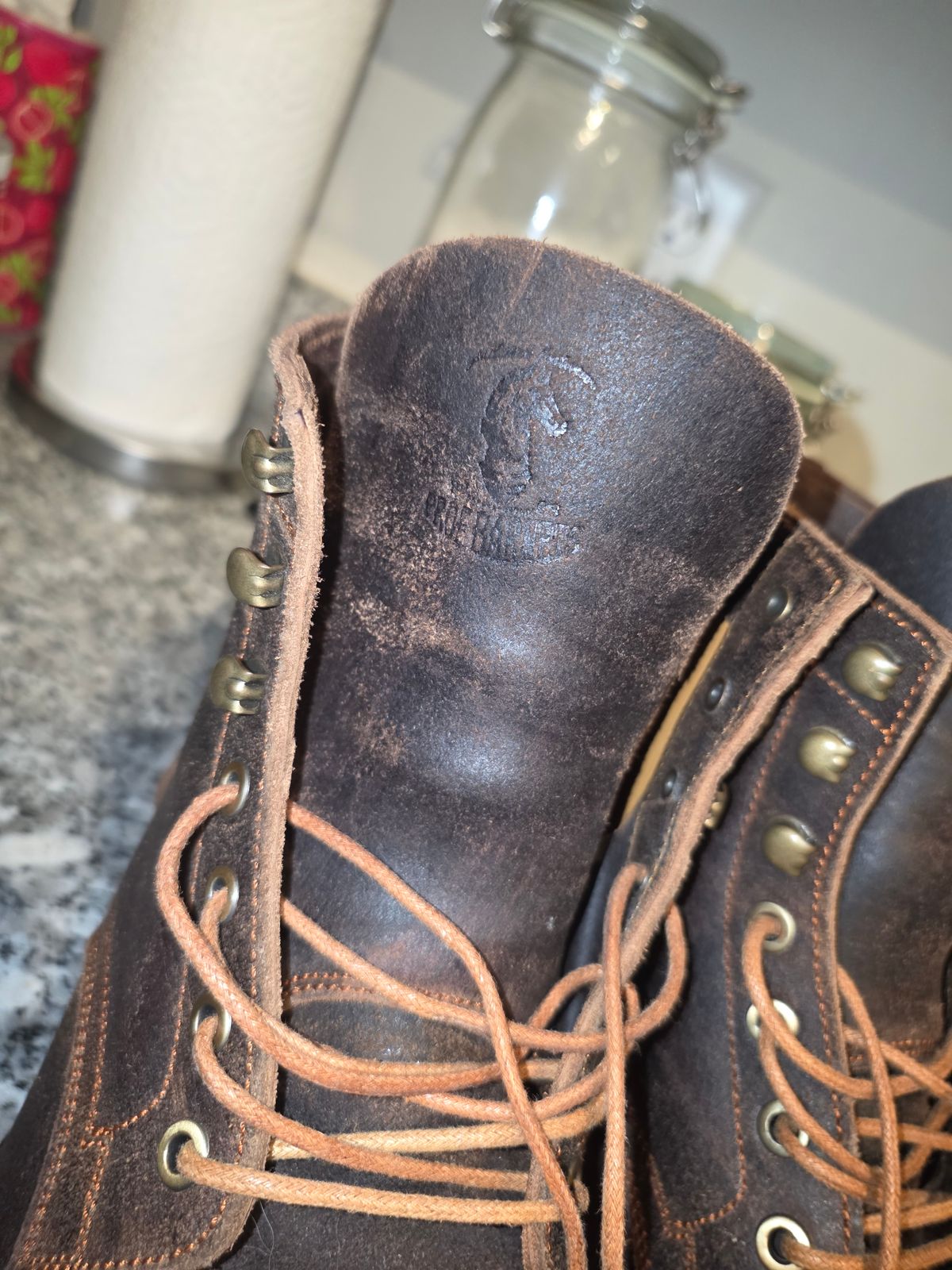 Photo by bluedevilish on August 28, 2025 of the Prof Barnets Bulky Cap Toe Boots in Horween Dark Brown Waxed Flesh.