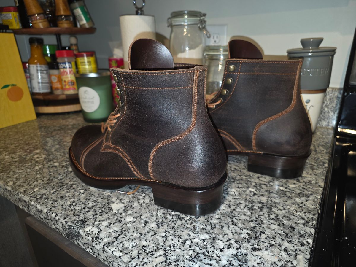 Photo by bluedevilish on August 28, 2025 of the Prof Barnets Bulky Cap Toe Boots in Horween Dark Brown Waxed Flesh.